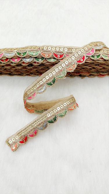 Beige Art Silk Scallop Fabric Lace Trim with Sequins and Multicolour Embroidery, Sari Border, Trim By 3 Yards